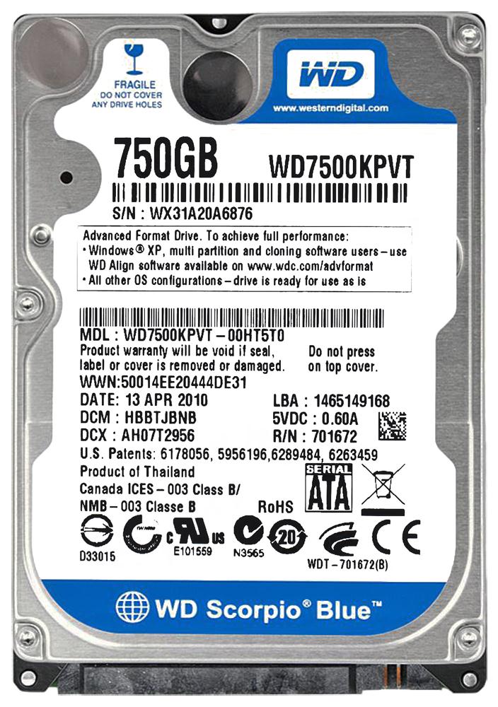 WD7500KPVT Western Digital Scorpio Blue 750GB 5200RPM SATA 3Gbps 8MB Cache 2.5-inch Internal Hard Drive