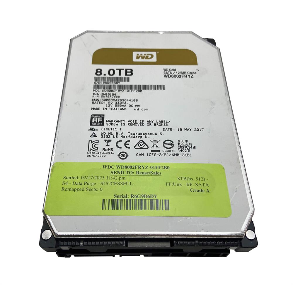 WD8002FRYZ-01FF2B0 Western Digital Gold 8TB 7200RPM SATA 6Gbps 128MB Cache 3.5-inch Internal Hard Drive