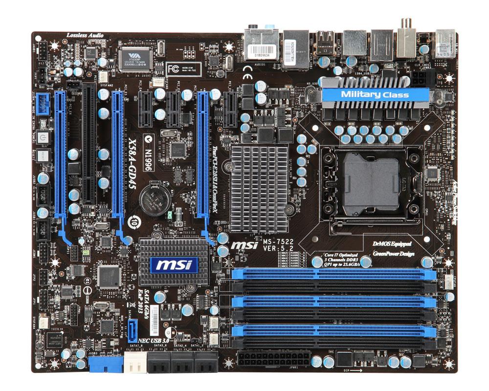 X58AGD45 MSI X58A-GD45 Socket LGA 1366 Intel X58 + ICH10R Chipset Core i7 Processors Support DDR3 6x DIMM 6x SATA2 3.0Gb/s ATX Motherboard (Refurbished)