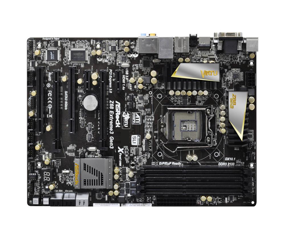 Z68-EXTREME3-GEN3 ASRock Z68 Extreme3 Gen3 Socket LGA 1155 Intel Z68 Chipset 3rd/2nd Generation Core i7 / i5 / i3 / Pentium / Celeron / Xeon Processors Support DDR3 4x DIMM 4x SATA2 3.0Gb/s ATX Motherboard (Refurbished)