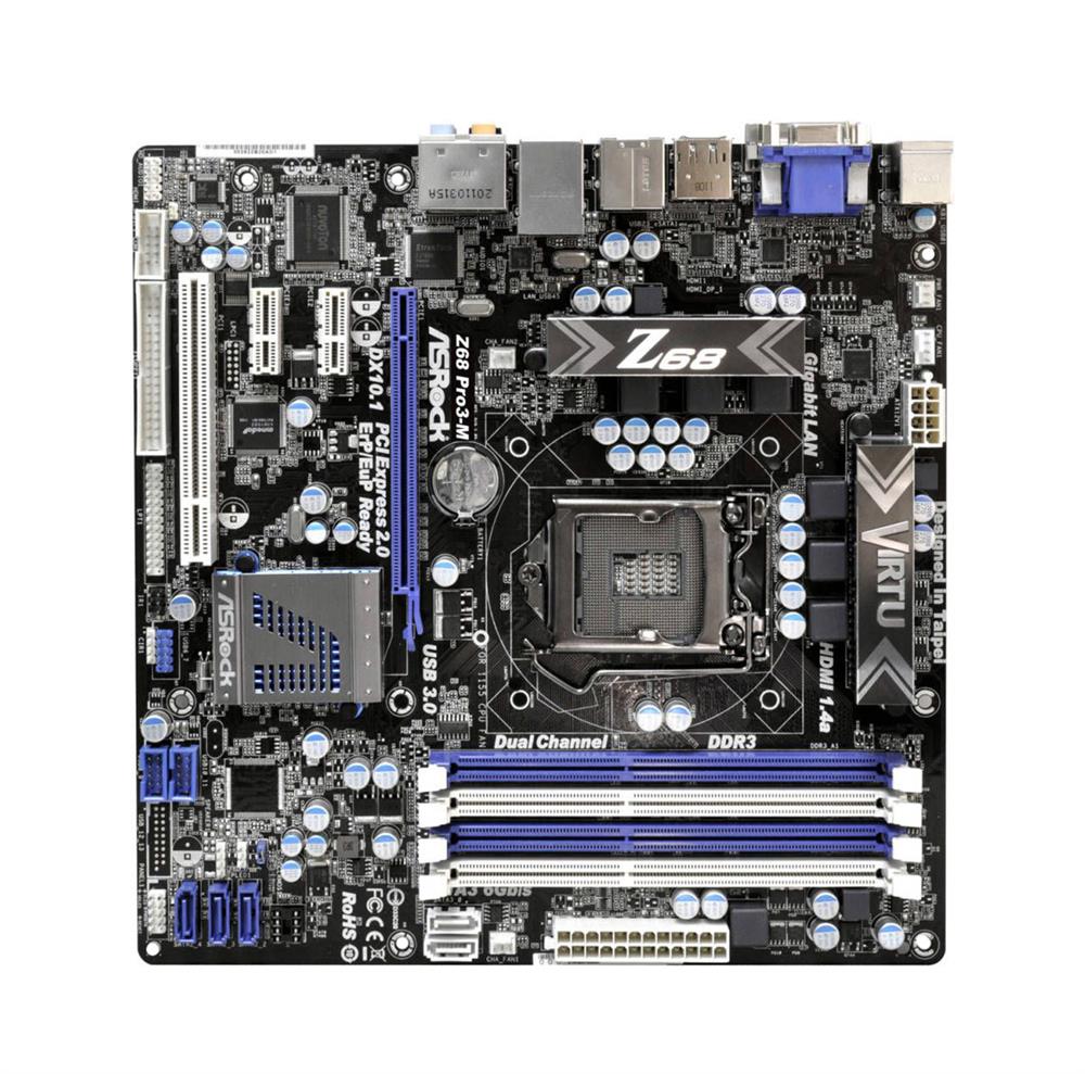Z68-PRO3-M ASRock Z68 Pro3-M Socket LGA 1155 Intel Z68 Chipset 3rd & 2nd Generation Core i7 / i5 / i3 / Pentium / Celeron / Xeon Processors Support DDR3 4x DIMM 3x SATA2 3.0Gb/s Micro-ATX Motherboard (Refurbished)